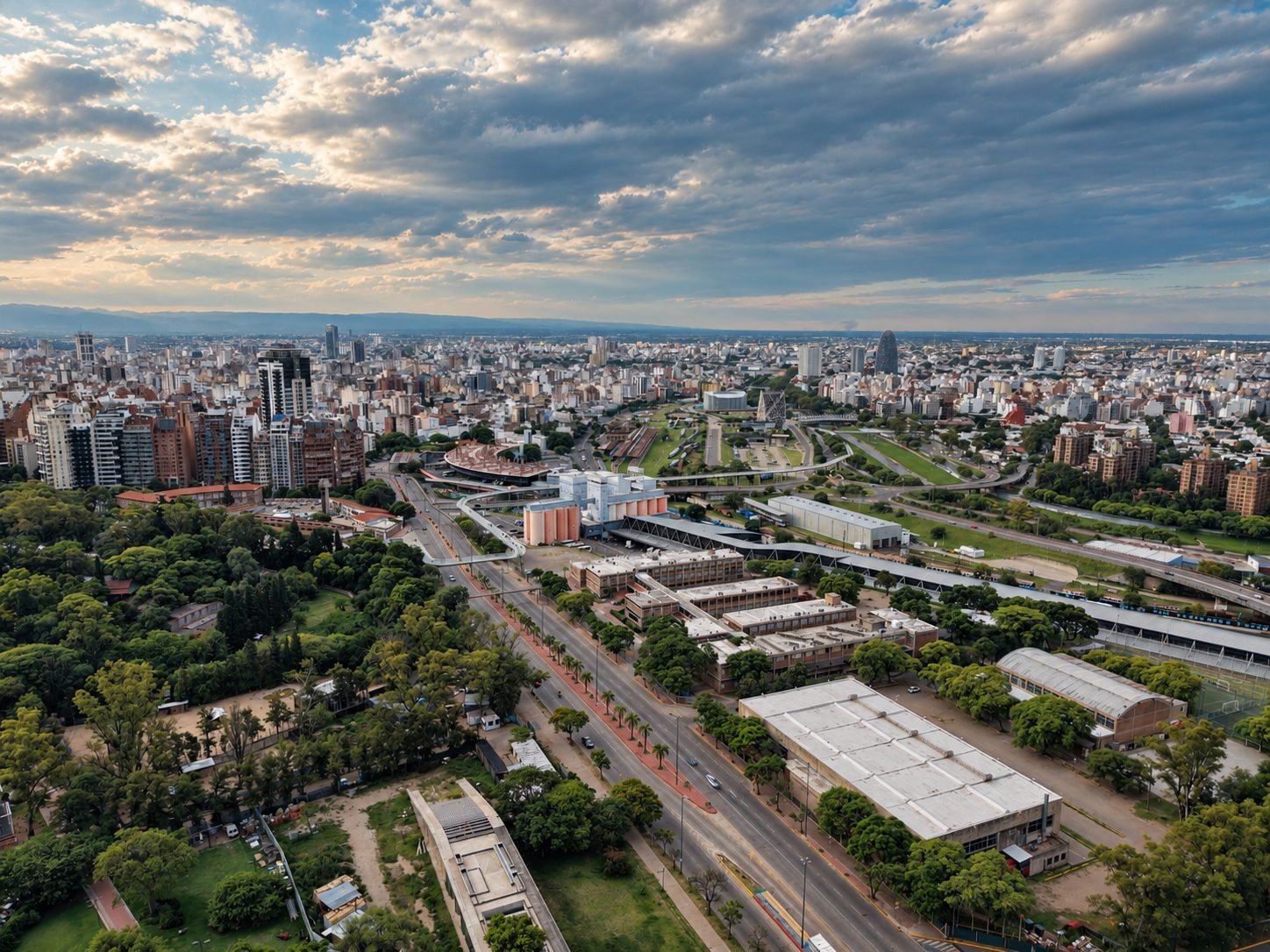Vista aérea con drone de la ciudad de Córdoba al atardecer