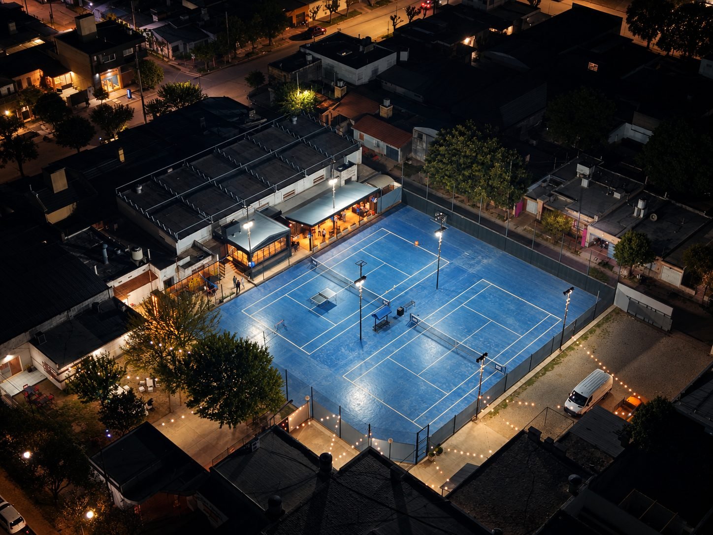 Canchas del Río Tenis Club iluminadas de noche, Río Segundo, vista aérea con drone