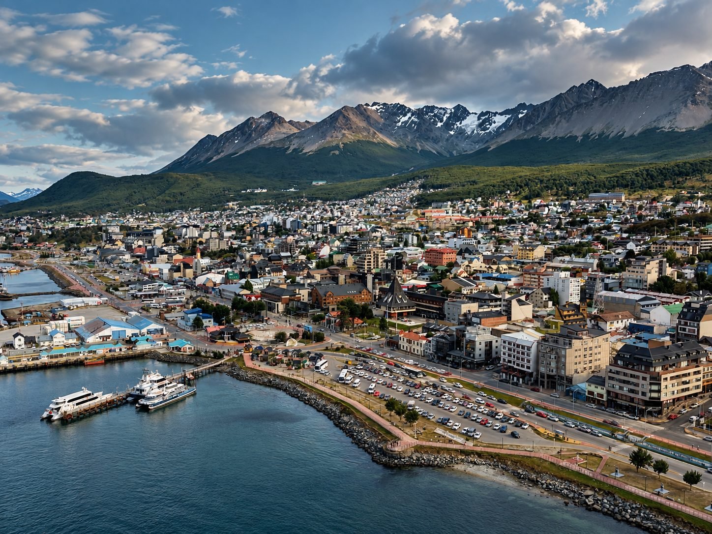 Vista aérea con drone de Ushuaia y la bahía en verano